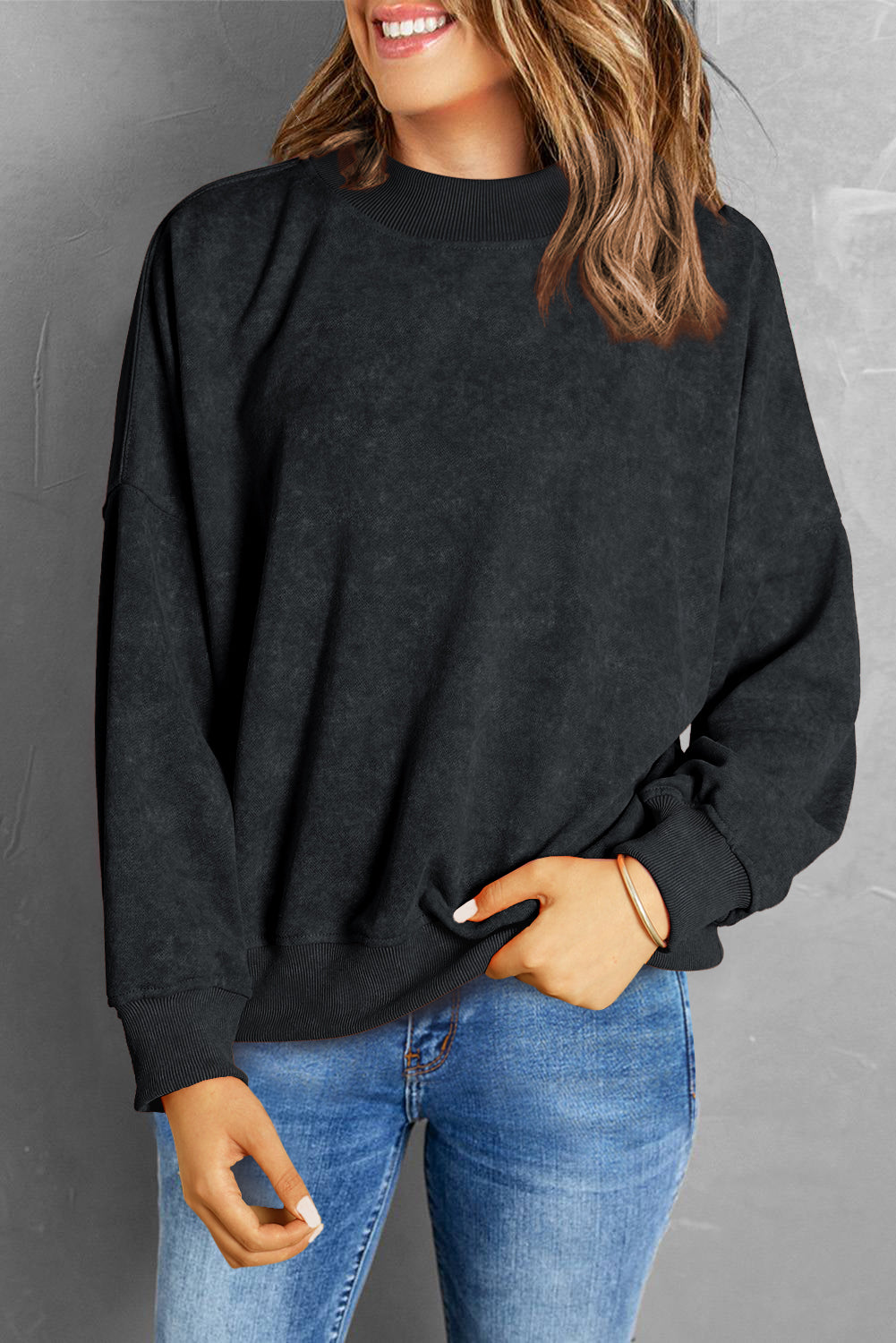 Drop Shoulder Crew Neck Pullover Sweatshirt | Black