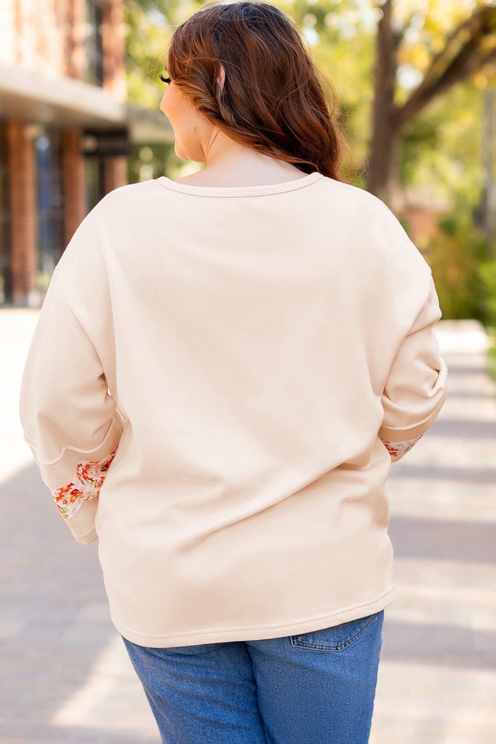 Plus Size Flower Patched Side Slits Crewneck Top | Beige