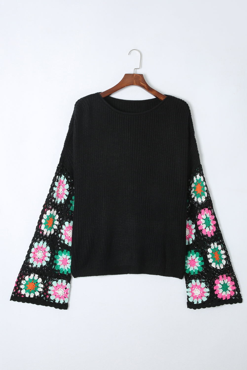 Floral Crochet Bell Sleeve Loose Sweater | Black