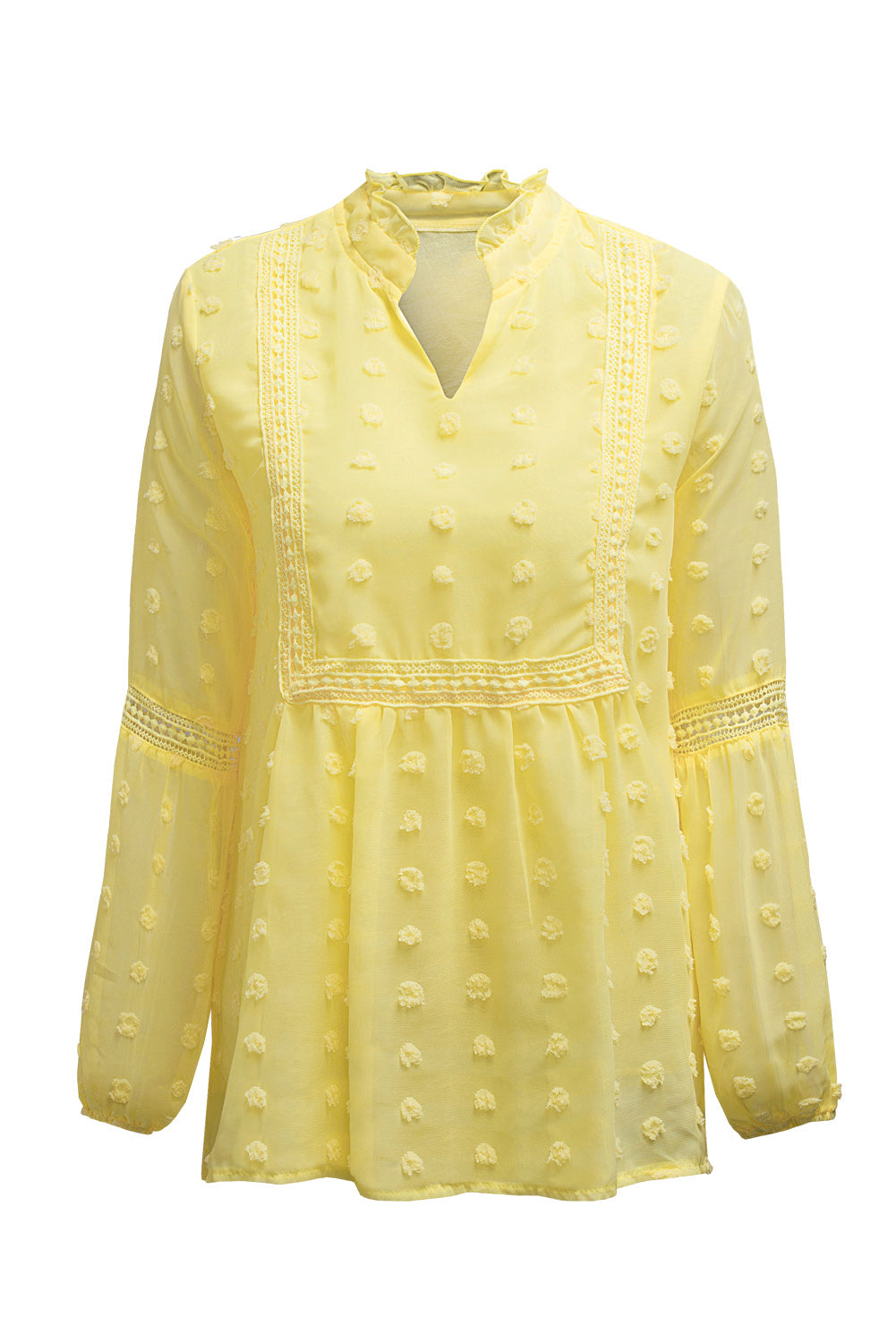 Swiss Dot Split Neck Ruffle Babydoll Blouse | Yellow