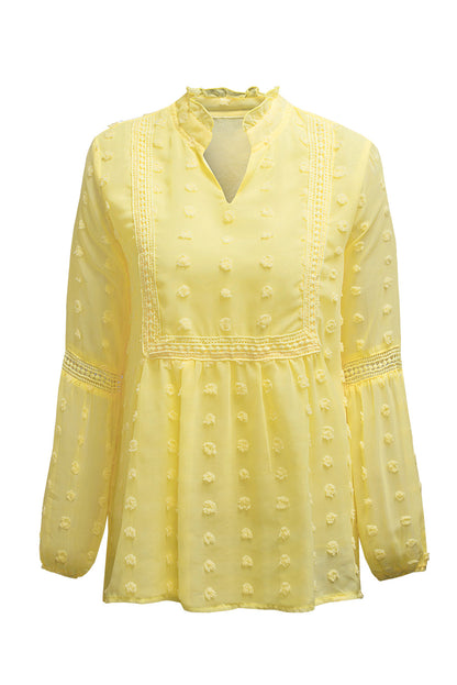 Swiss Dot Split Neck Ruffle Babydoll Blouse | Yellow