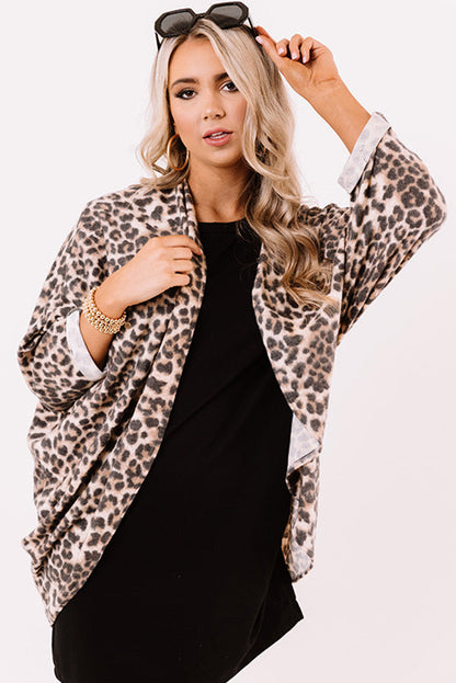 Leopard Print Batwing Sleeve Loose Tunic Cardigan | Khaki