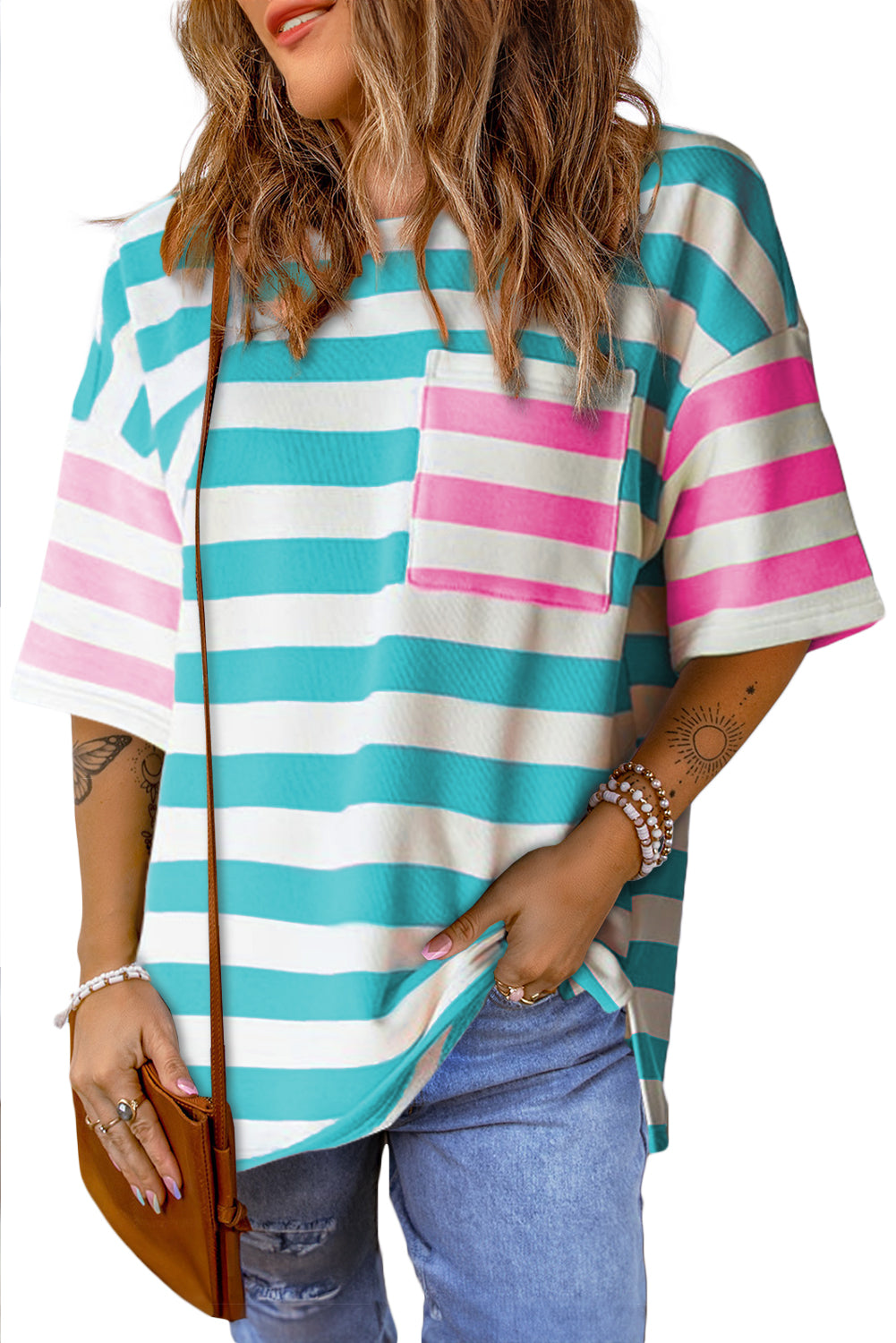 Contrast Patch Pocket Drop Sleeve T Shirt | Blue Stripe