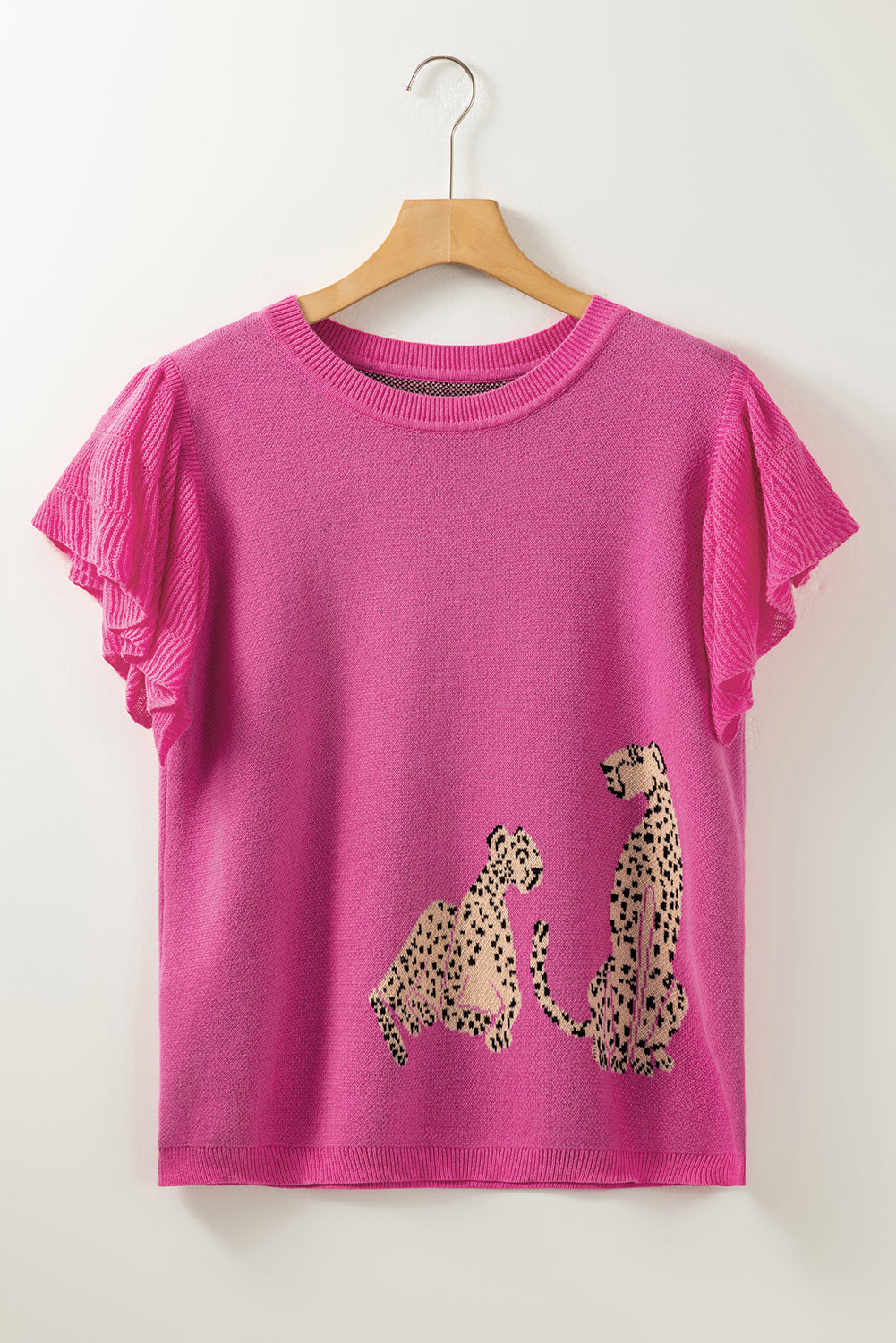 Leopard Ruffled Sleeve Round Neck Knit Sweater | Pink