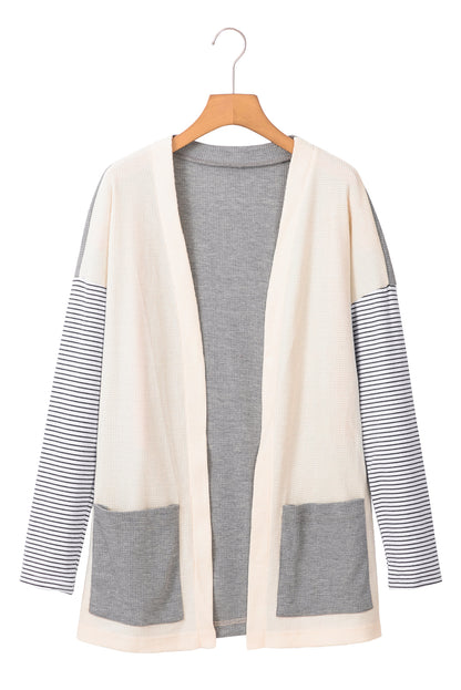 Colourblock Patchwork Open Front Cardigan With Pocket | Black Stripe