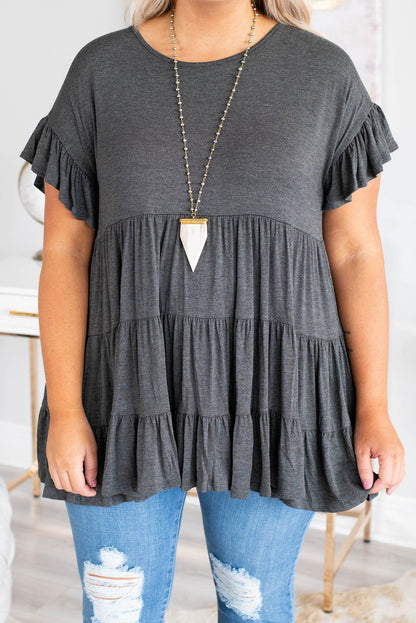 Tiered Ruffled Short Sleeve Plus Size Blouse | Gray