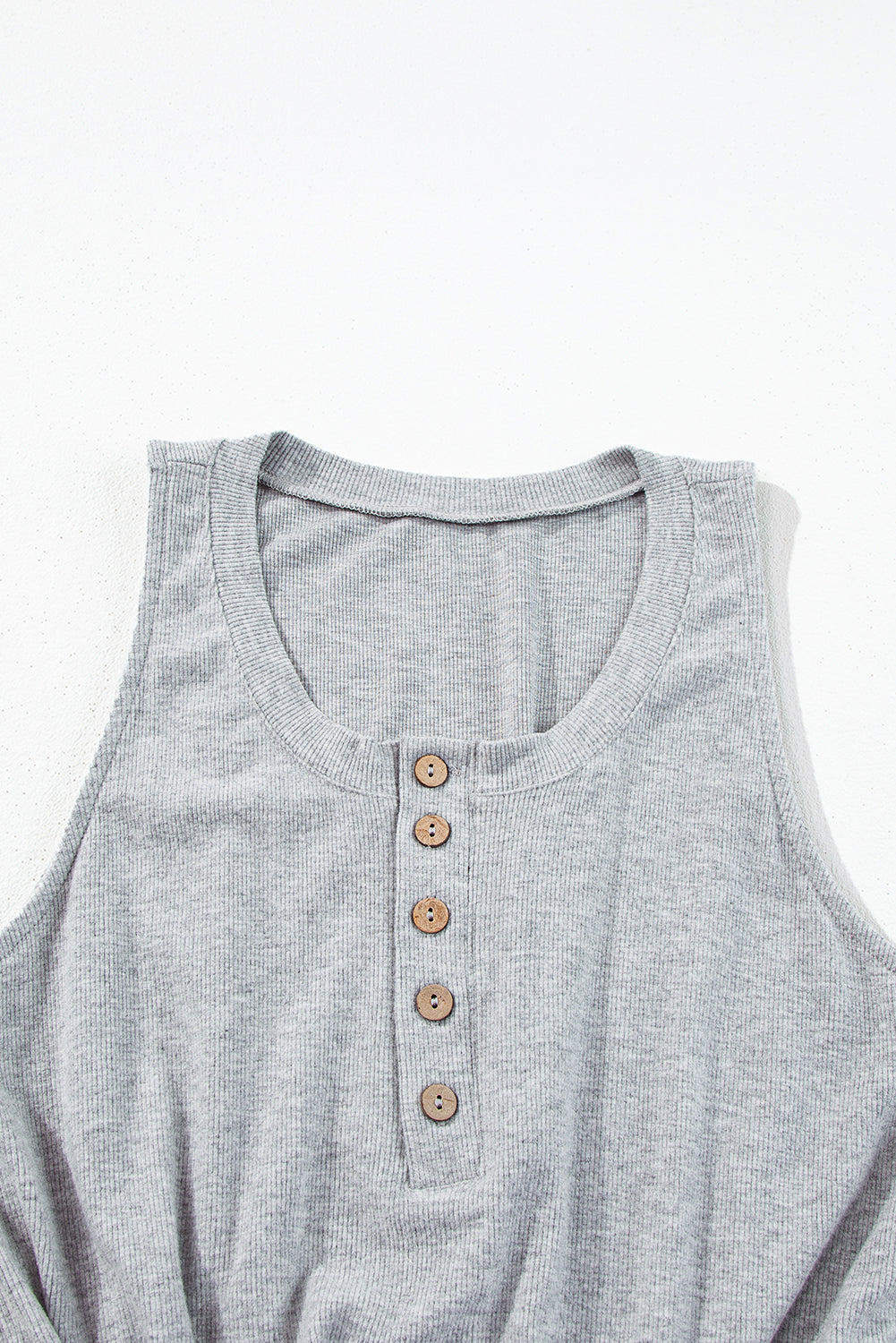 Ribbed Knit Buttons Drawstring Sleeveless Jumpsuit | Gray