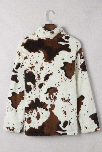 Zip Collar Cow Print Fleece Sweatshirt | White