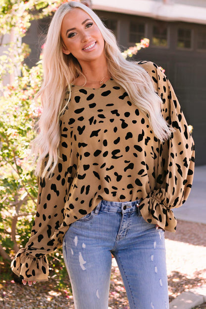 V Neck Ruffled Cuffs Loose Blouse | Leopard