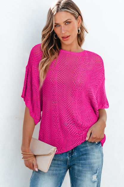 Pointelle Knit Scallop Edge Short Sleeve Top | Rose Red