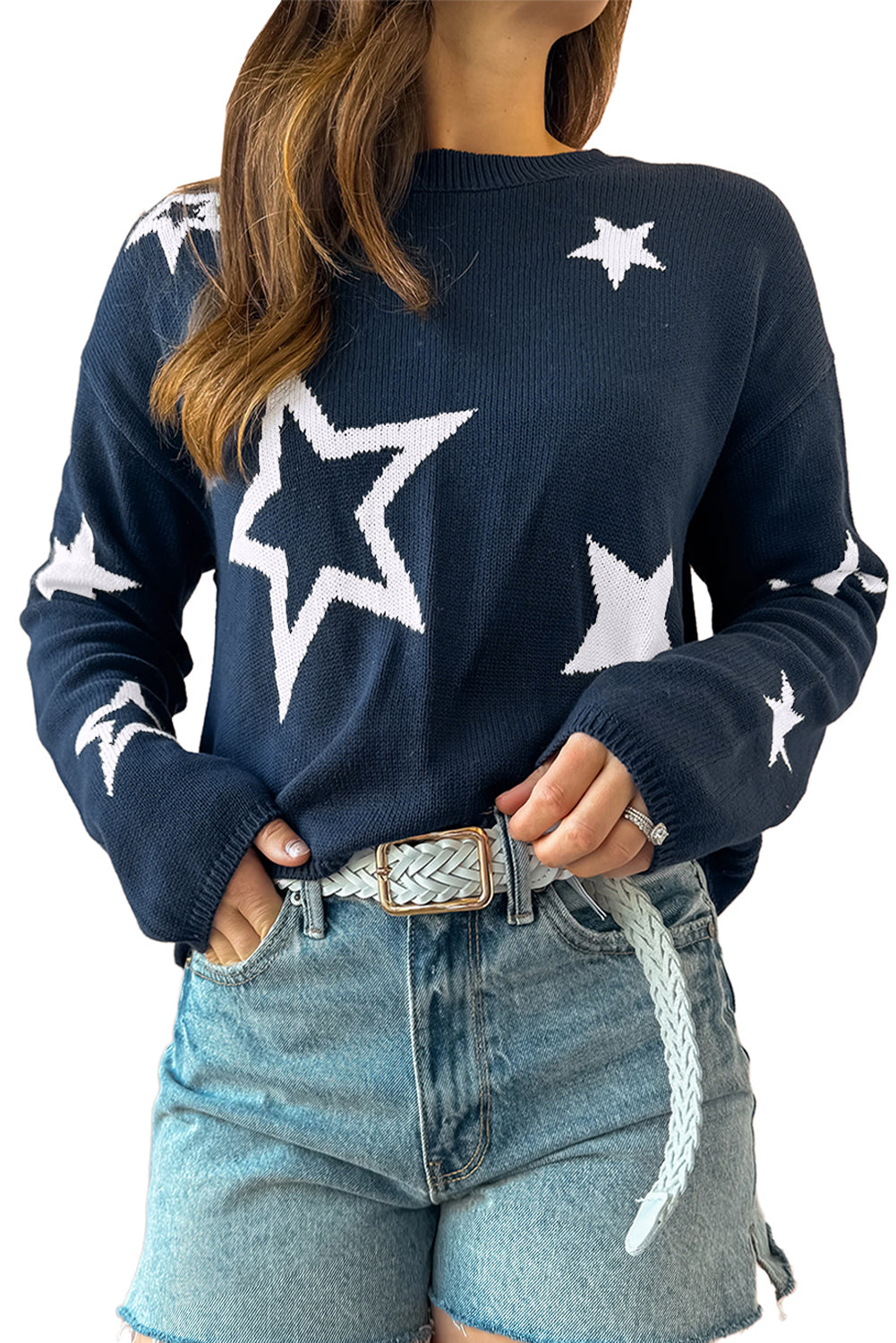 Star Pattern Drop Shoulder Knitted Sweater | Sail Blue