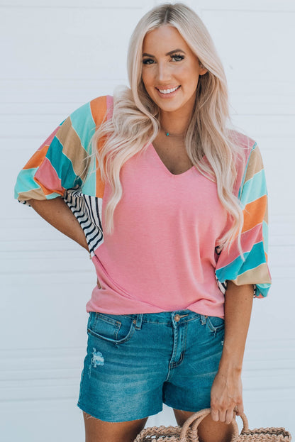 Stripe Colour Block Bubble Sleeve Top | Pink