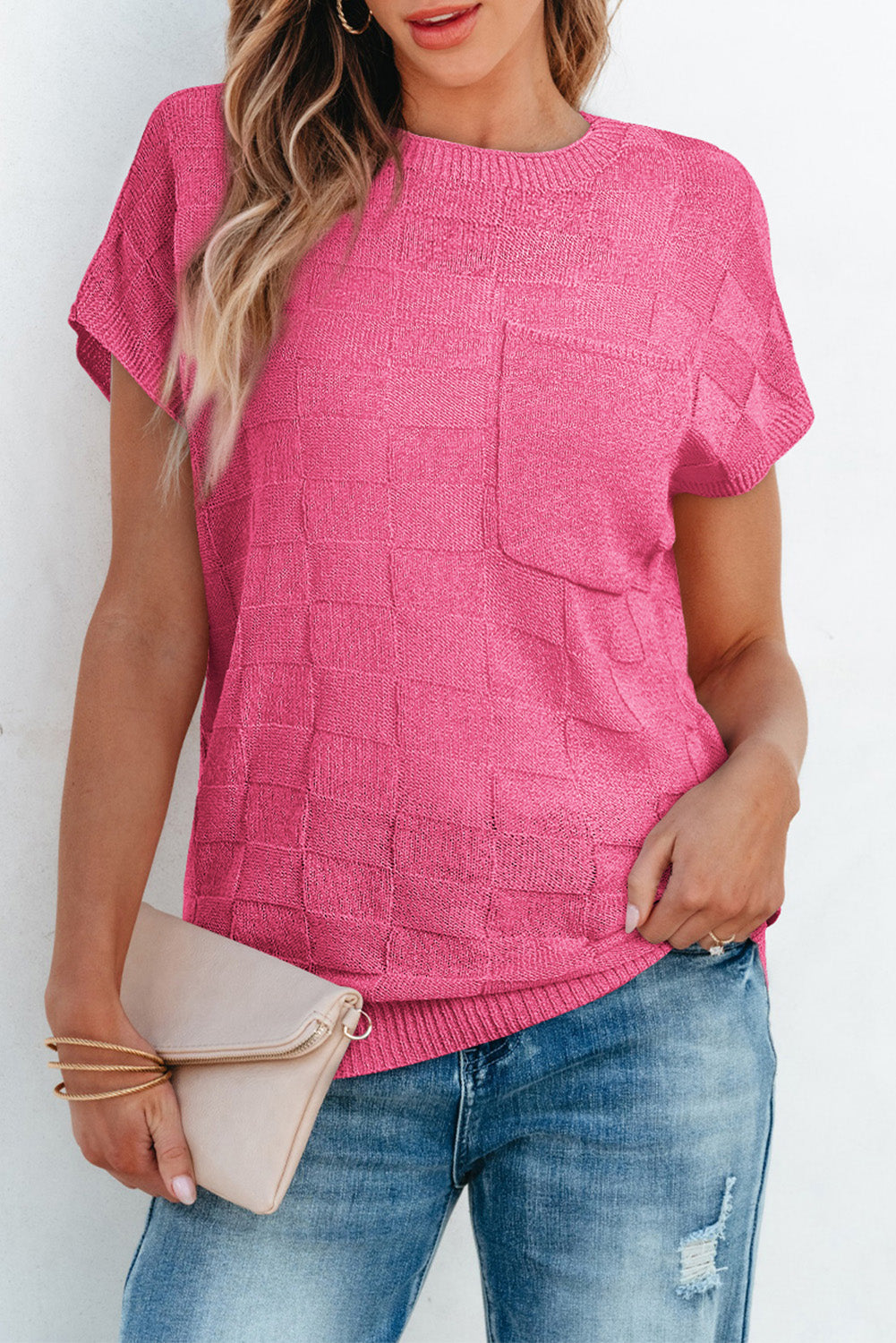 Lattice Textured Knit Short Sleeve Sweater | Bright Pink