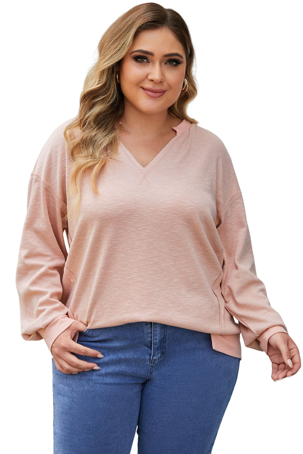 Raw Cut Notched Neck Plus Size French Terry Hoodie | Pink