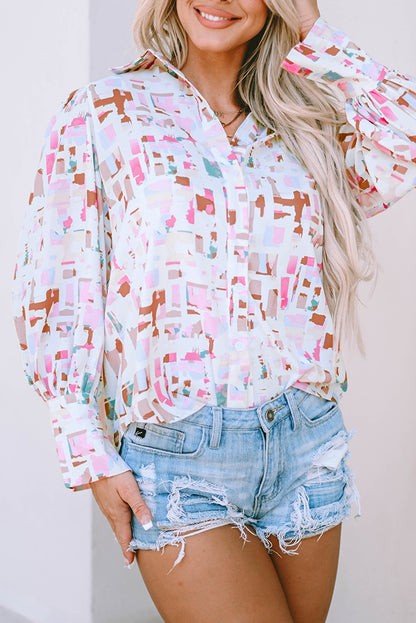 Abstract Print Lantern Sleeve Casual Shirt | Multicolour