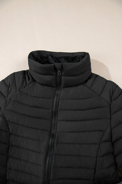 Solid Colour Quilted Zip-Up Puffer Jacket | Black