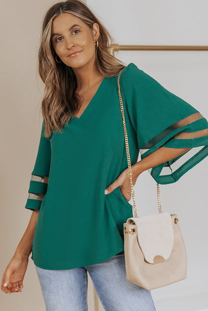 Flare Sleeve V Neck Loose Blouse | Green