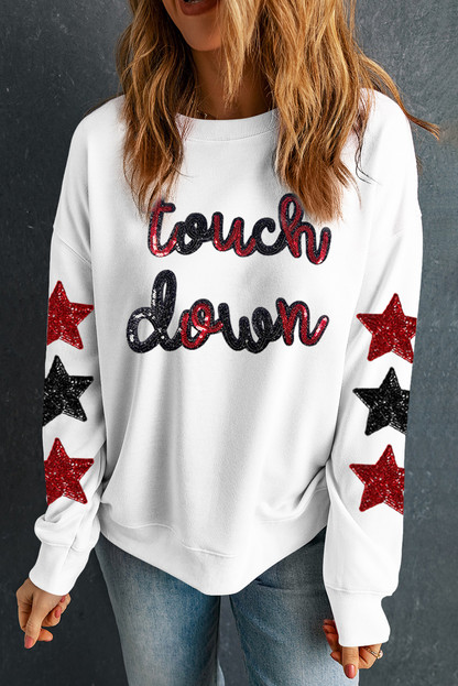 Sequined Touch Down Graphic Star Drop Shoulder Sweatshirt | Beige