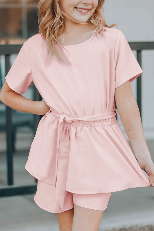 Pink Keyhole Back Belted Peplum Girls Romper