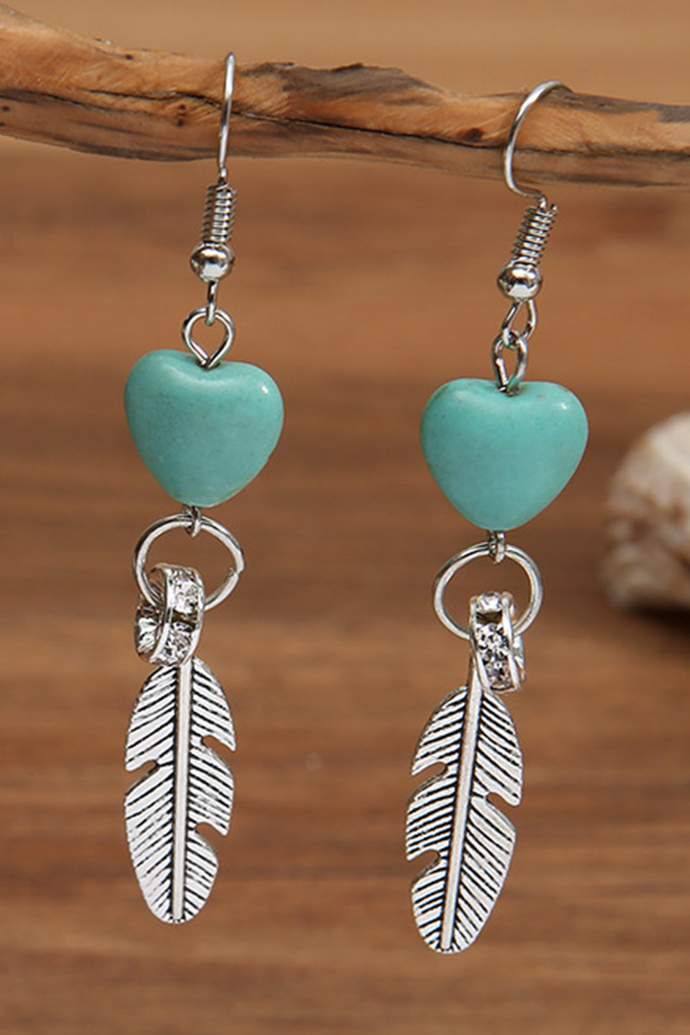 Turquoise Heart Shape Alloy Feather Drop Earrings | Silvery