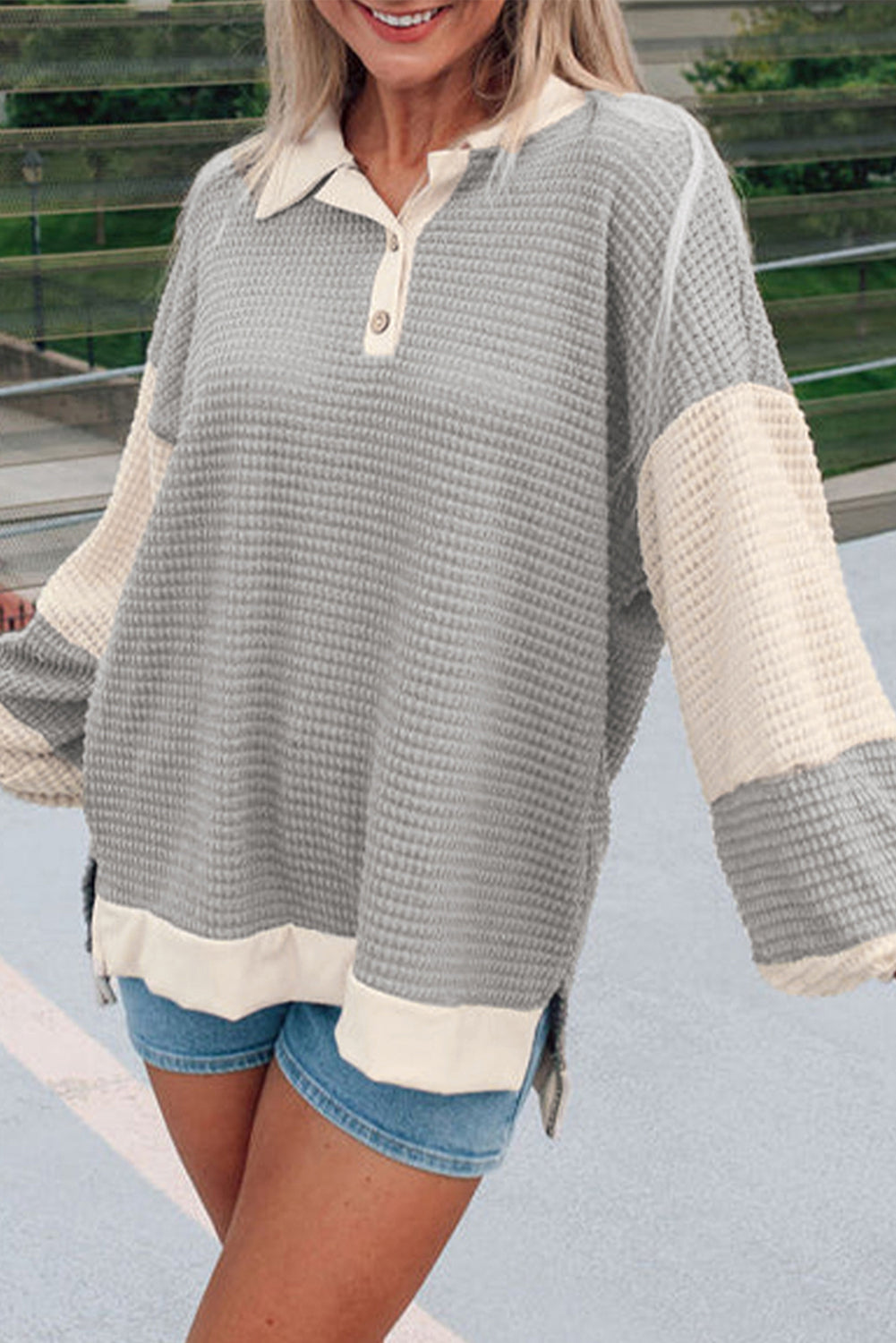 Textured Colourblock Collared Henley Top | Khaki