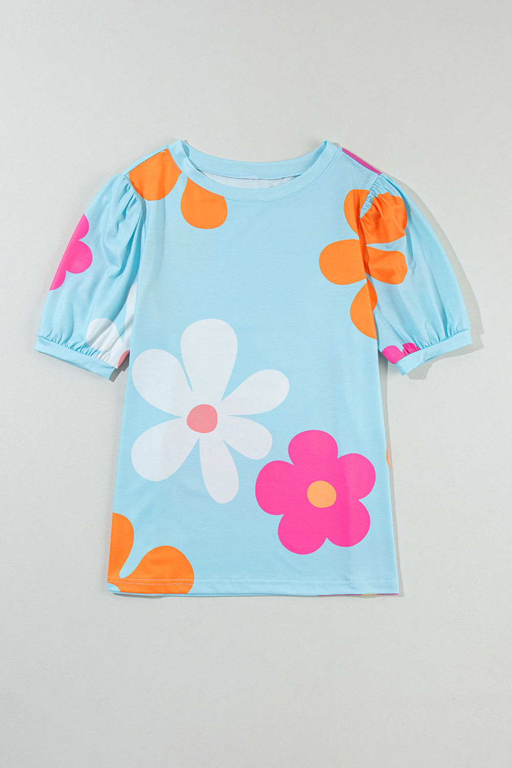 Flower Print Bubble Sleeve Tee | Sky Blue