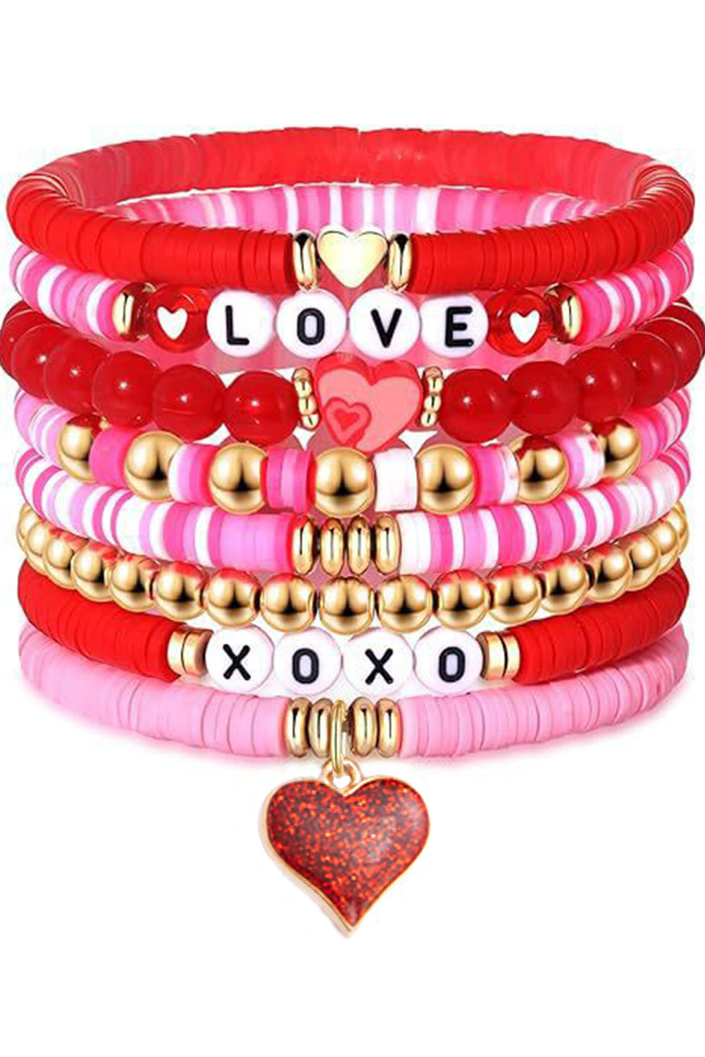 Valentines Love Xoxo Heart Shape Beaded Bracelet Set | Pink