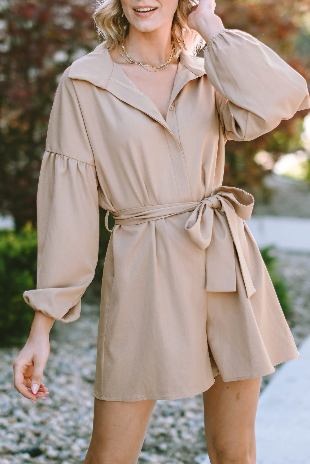 Light French Beige Lapel Drop Shoulder Bubble Sleeve Romper With Sash | Flaxen