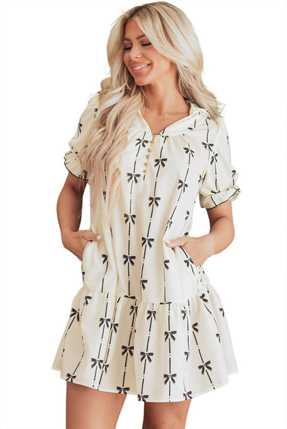 Cute Bowknot Printed Bubble Sleeve V Neck Mini Dress | Beige