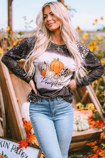 Leopard Bleached Pumpkin Graphic Long Sleeve Top | Black