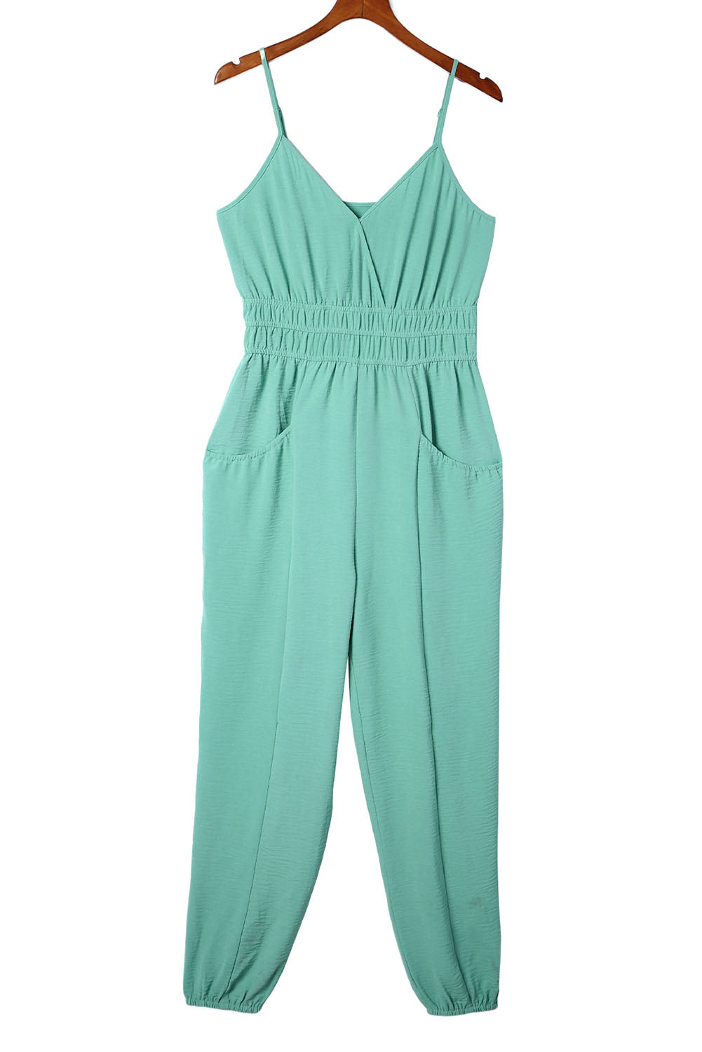 Shirred High Waist Sleeveless V Neck Jumpsuit | Green