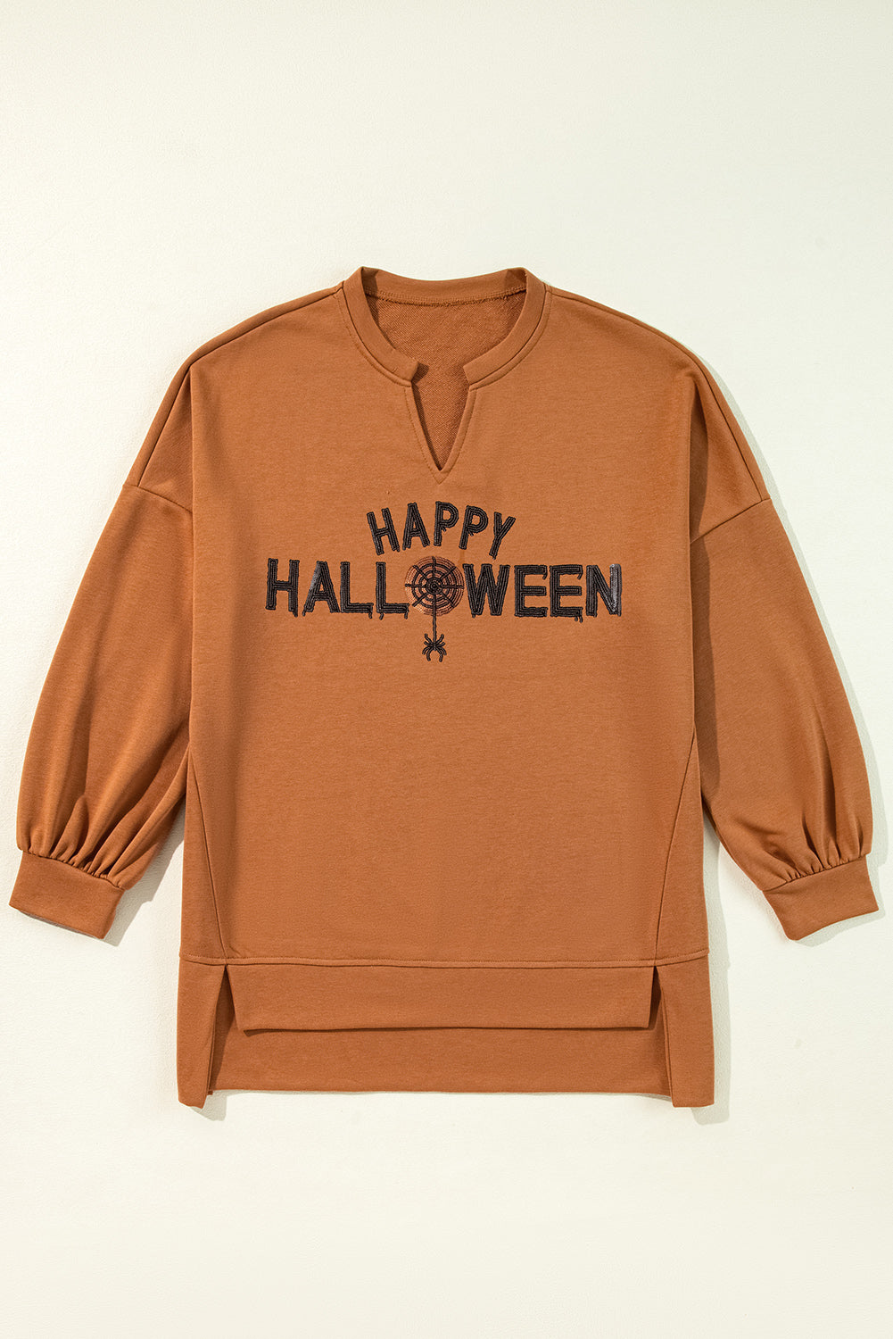 Sequin Happy Halloween Graphic Notched Neck Long Sleeve Loose Top | Chestnut