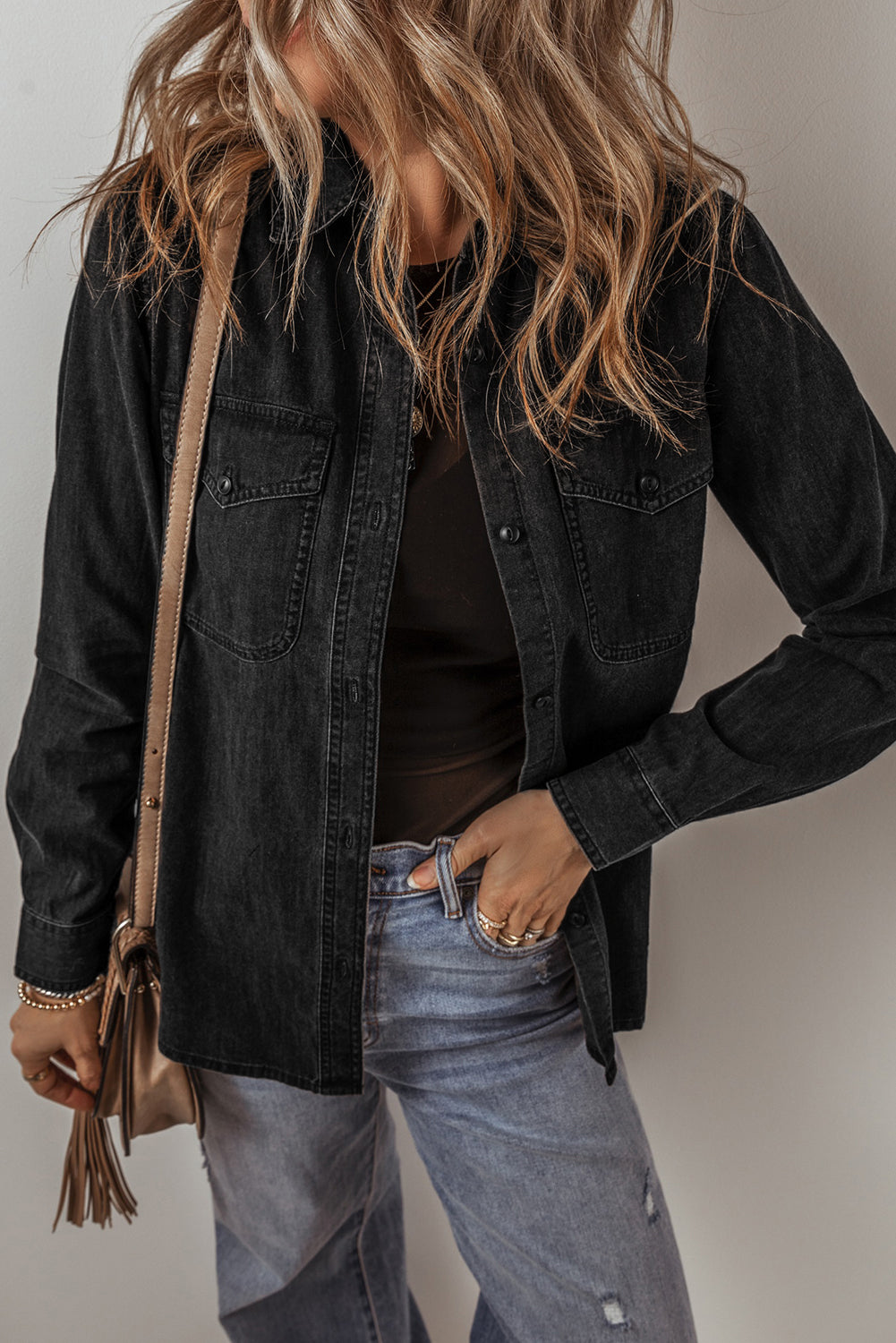 Flap Pocket Buttons Collared Jean Jacket | Black