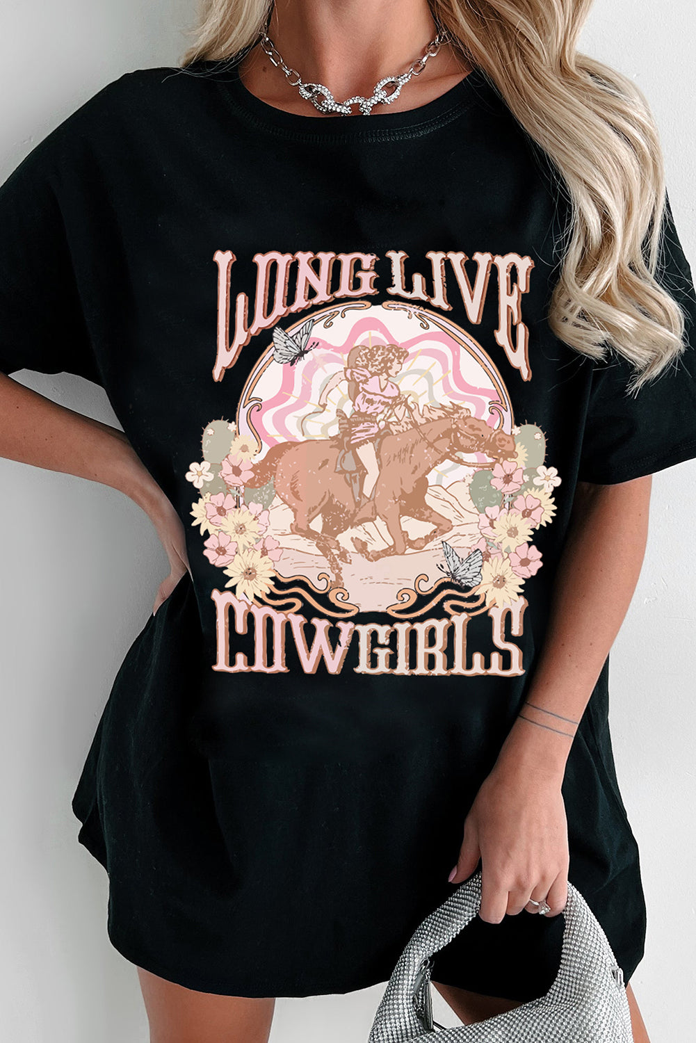 Black LONG LIVE COWGIRLS Graphic Crewneck T Shirt