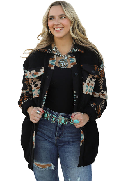 Western Aztec Print Accent Fleece Shacket | Black