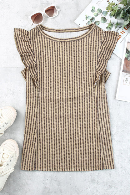 Striped Crew Neck Ruffled Tank Top | Khaki