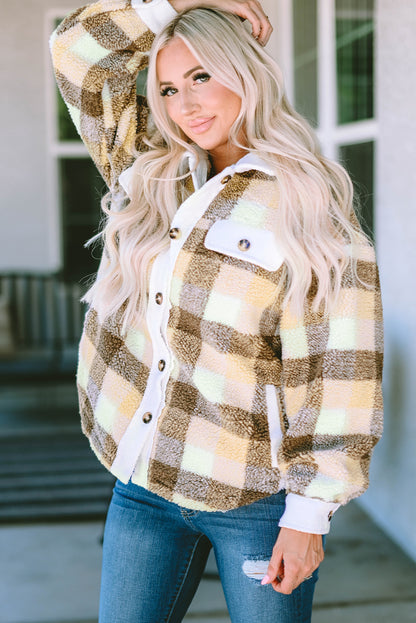 Plaid Sherpa Flap Pocket Shacket | Khaki