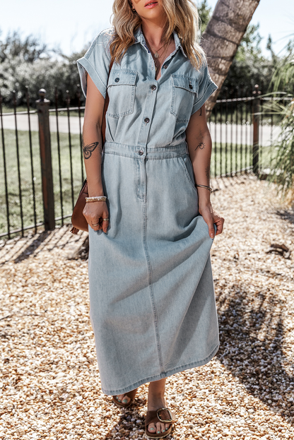 Short Batwing Sleeve Slit Back Denim Dress | Beau Blue