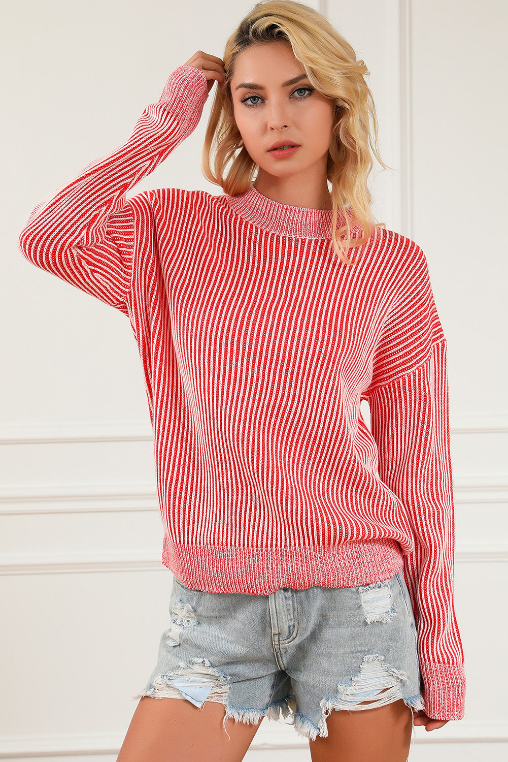 Striped Print Ribbed Trim Round Neck Sweater | Red