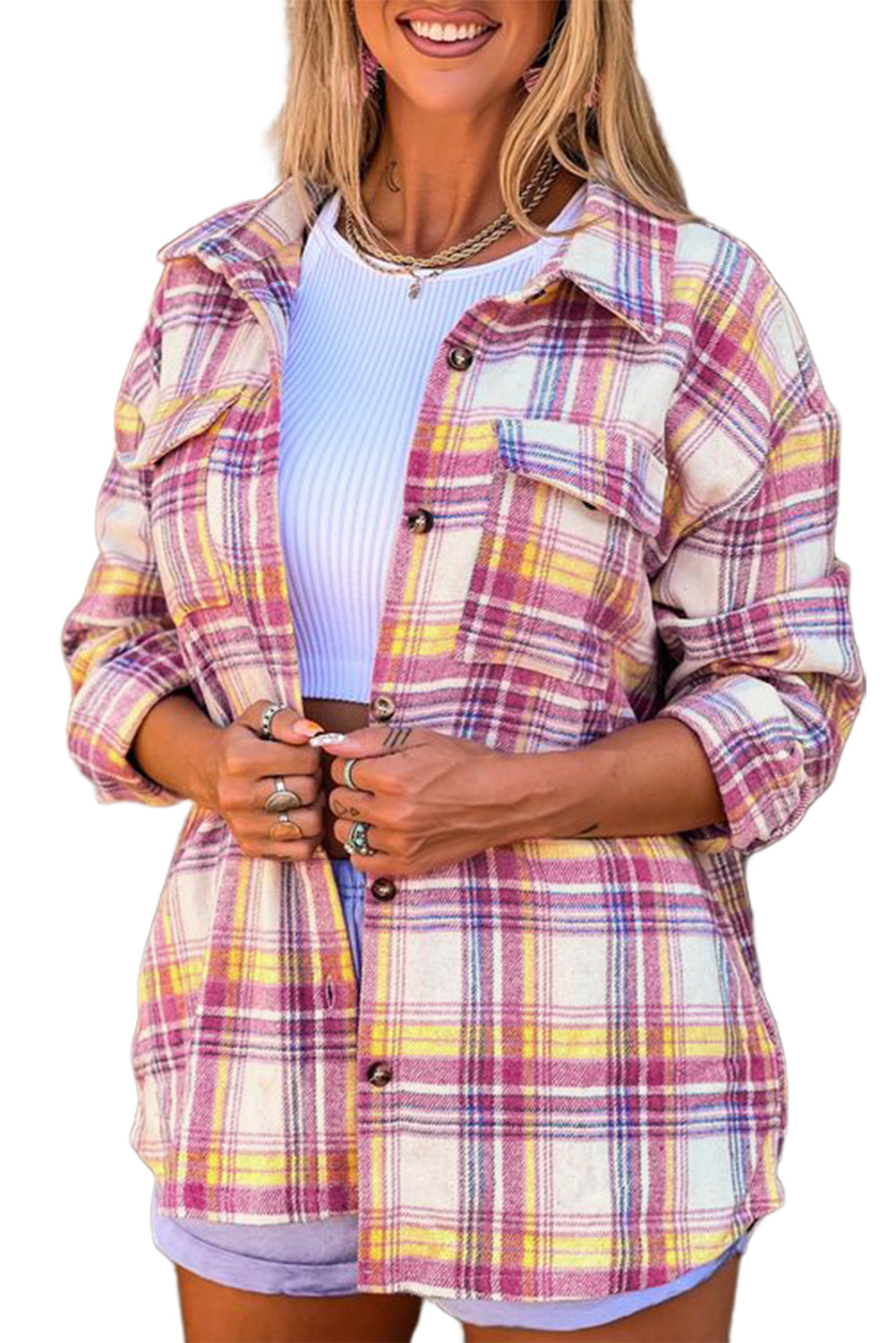 Fiery  Plaid Print Rounded Hem Shirt Jacket | Red