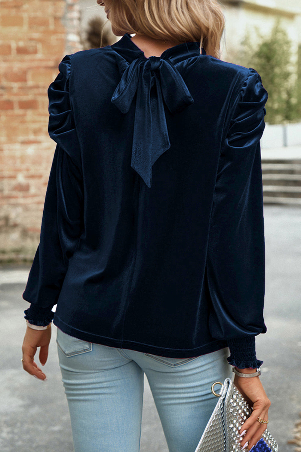 Mock Neck Puff Sleeve Velvet Blouse | Navy Blue