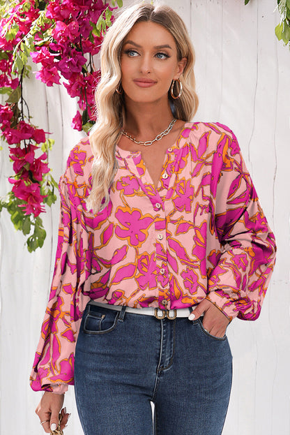 Floral Print Batwing Sleeve Buttoned Loose Fit Shirt | Pink