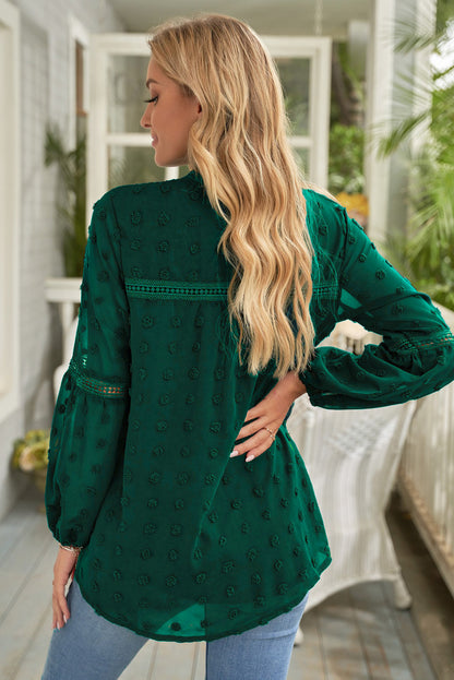 Ruffled Split Neck Lace Hollow Out Puff Sleeve Polka Dot Blouse | Green