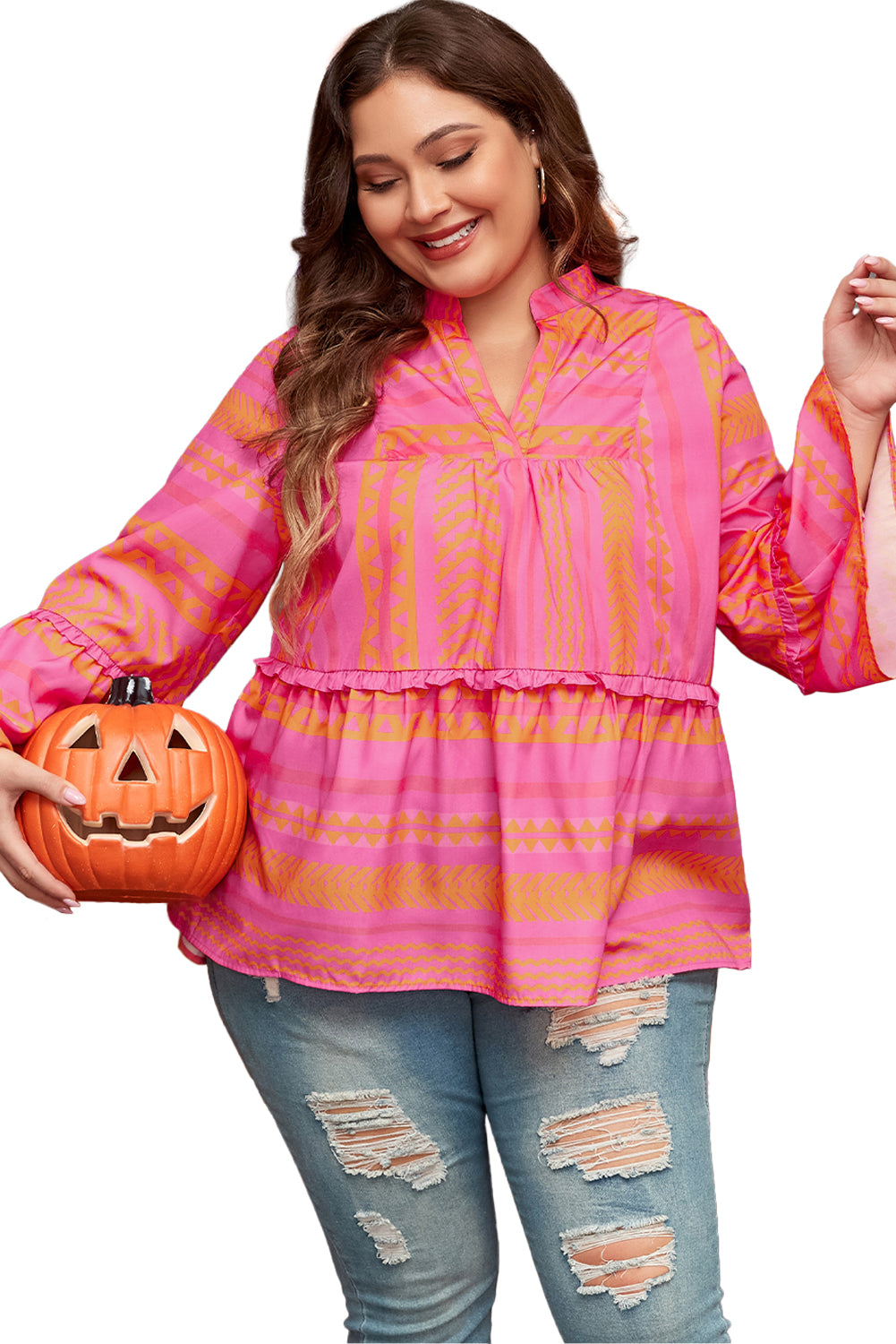 Plus Size Geometric Printed Bell Sleeve Babydoll Blouse | Vitality Orange