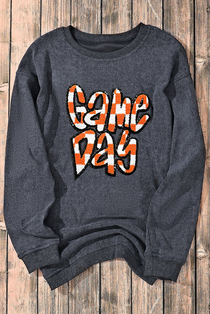 Chenille Checkered Game Day Graphic Drop Shoulder Corded Sweatshirt | Dark Grey