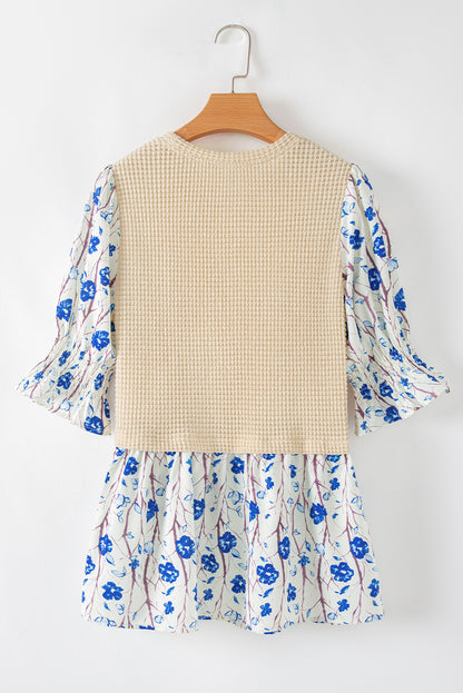 Waffle Floral Patchwork Short Flounce Sleeve Peplum Blouse | Beige