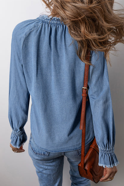 Frilled Raw Hem Half Buttoned Denim Top | Sky Blue