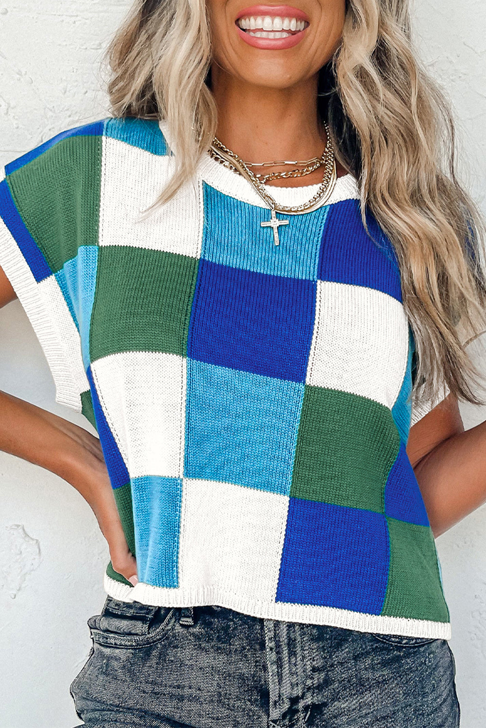 Dark Blue Color Block Cap Sleeve Sweater