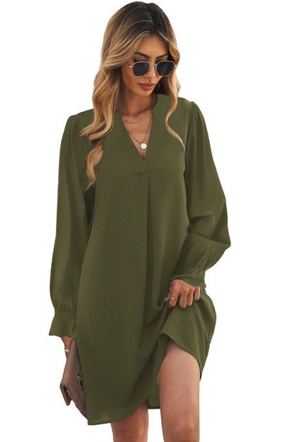 Split V Neck Ruffled Sleeves Shirt Dress | Green