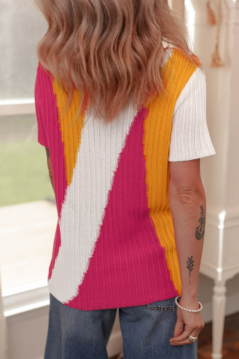 Textured Knit Colourblock Short Sleeve Sweater | Orange